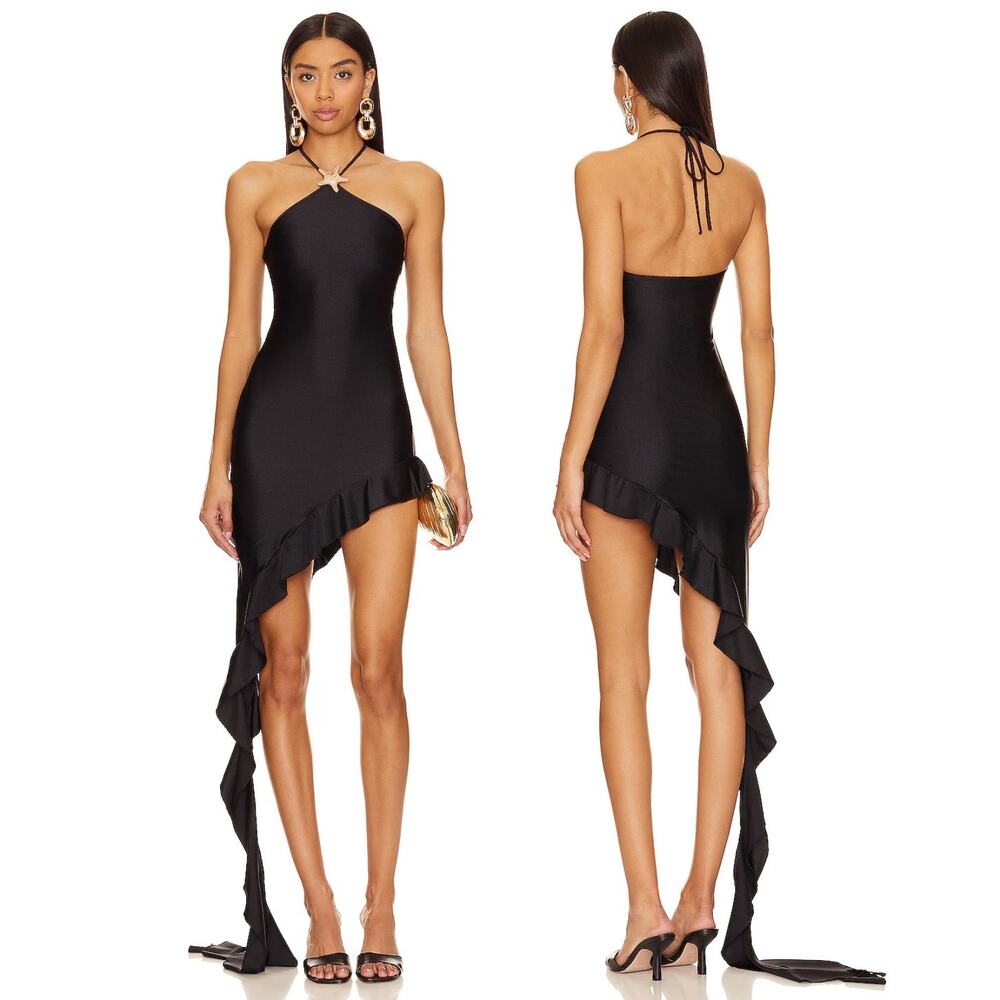 Shani Shemer Onyx Halter Mini Dress Asymmetrical Ruffle Party Cocktail Formal S